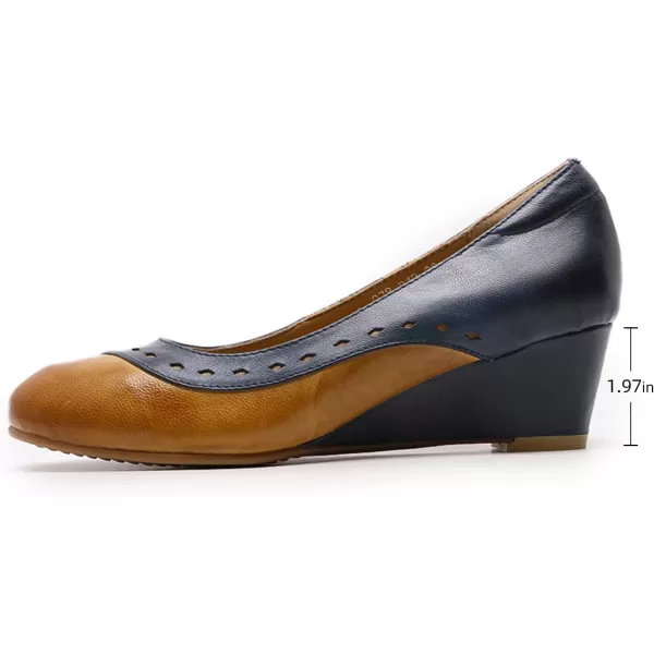 Mona flying Women's Leather Closed Toe 2 Inch Mid Wedges Heels with Arch Support Round Toe Comfortable Dress Pumps for Women Ladies