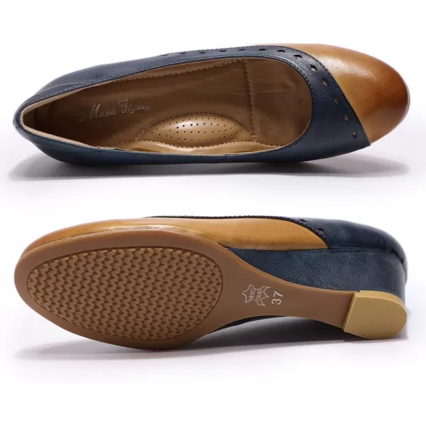 Mona flying Women's Leather Closed Toe 2 Inch Mid Wedges Heels with Arch Support Round Toe Comfortable Dress Pumps for Women Ladies