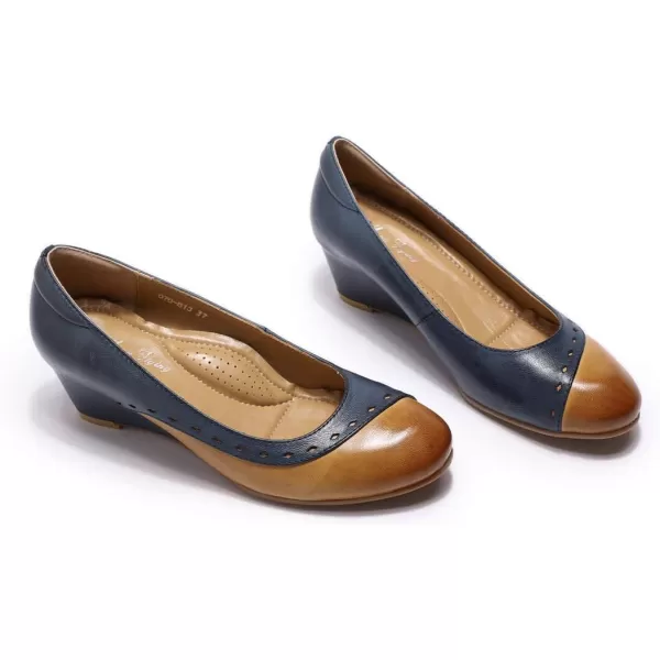 Mona flying Women's Leather Closed Toe 2 Inch Mid Wedges Heels with Arch Support Round Toe Comfortable Dress Pumps for Women Ladies