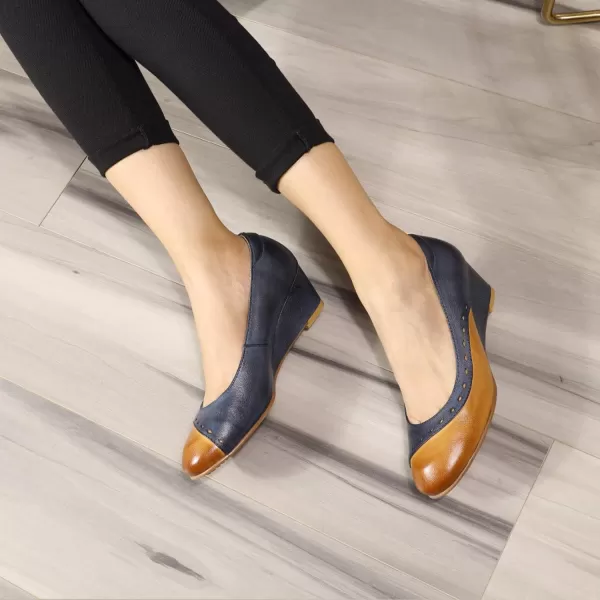 Mona flying Women's Leather Closed Toe 2 Inch Mid Wedges Heels with Arch Support Round Toe Comfortable Dress Pumps for Women Ladies