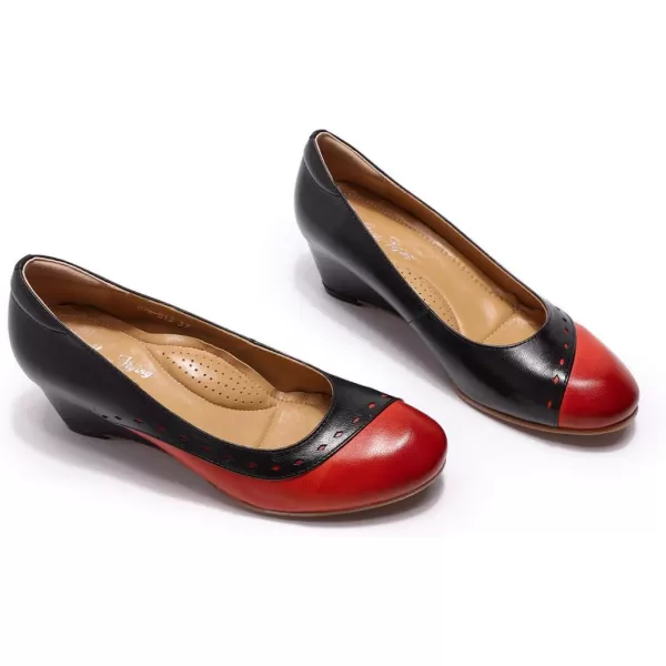 Mona flying Women's Leather Closed Toe 2 Inch Mid Wedges Heels with Arch Support Round Toe Comfortable Dress Pumps for Women Ladies