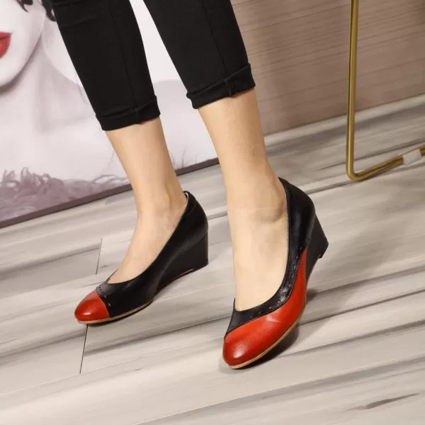 Mona flying Women's Leather Closed Toe 2 Inch Mid Wedges Heels with Arch Support Round Toe Comfortable Dress Pumps for Women Ladies