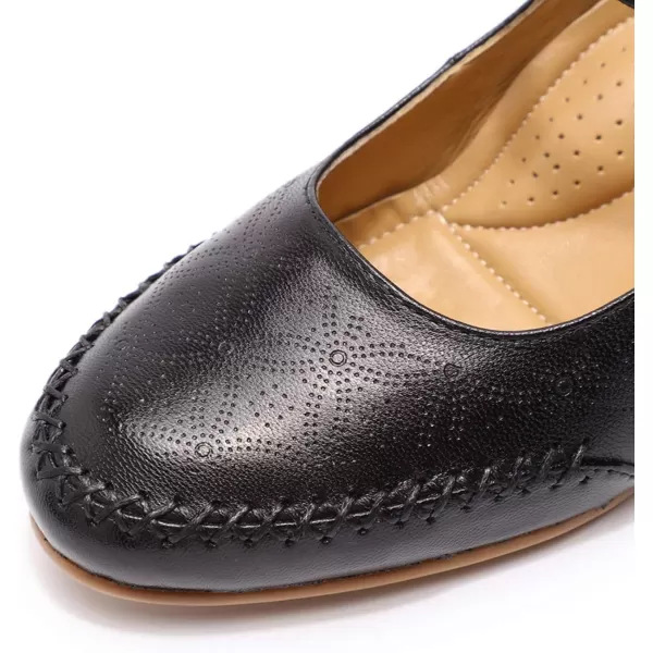 Mona flying Women's Leather Closed Toe Mary Jane Wedge Pumps Round Toe Mid Heel Dress Shoes for Women Ladies