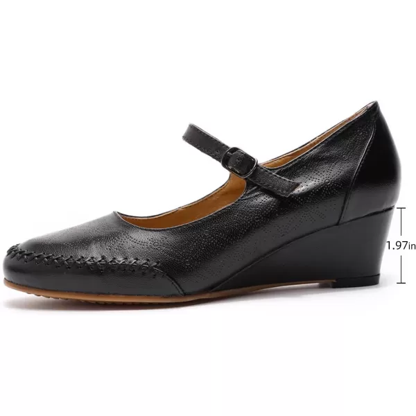 Mona flying Women's Leather Closed Toe Mary Jane Wedge Pumps Round Toe Mid Heel Dress Shoes for Women Ladies