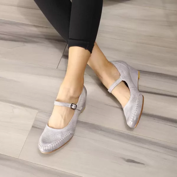 Mona flying Women's Leather Closed Toe Mary Jane Wedge Pumps Round Toe Mid Heel Dress Shoes for Women Ladies