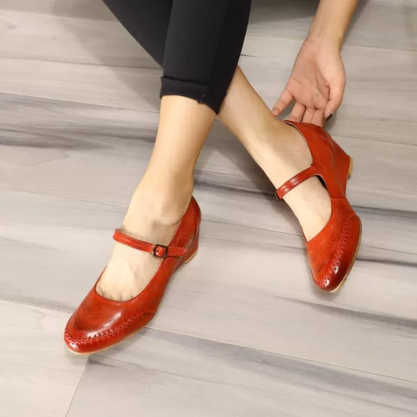 Mona flying Women's Leather Closed Toe Mary Jane Wedge Pumps Round Toe Mid Heel Dress Shoes for Women Ladies