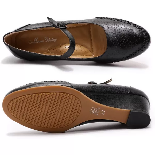 Mona flying Women's Leather Closed Toe Mary Jane Wedge Pumps Round Toe Mid Heel Dress Shoes for Women Ladies
