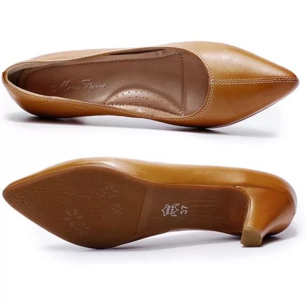 Mona flying Women's Leather Pump Med Heel Pointed Toe Office Dress Shoes for Ladies