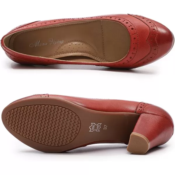 Mona flying Women's Leather Pump Med Heel Pointed Toe Office Dress Shoes for Ladies