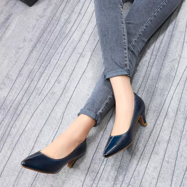 Mona flying Women's Leather Pump Med Heel Pointed Toe Office Dress Shoes for Ladies