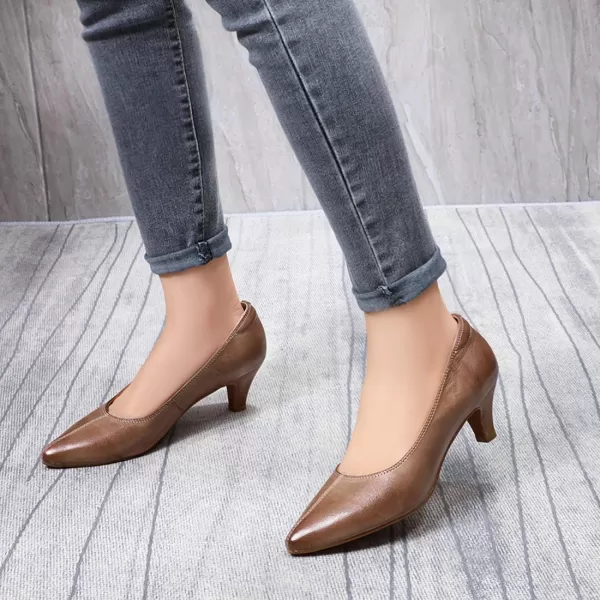 Mona flying Women's Leather Pump Med Heel Pointed Toe Office Dress Shoes for Ladies