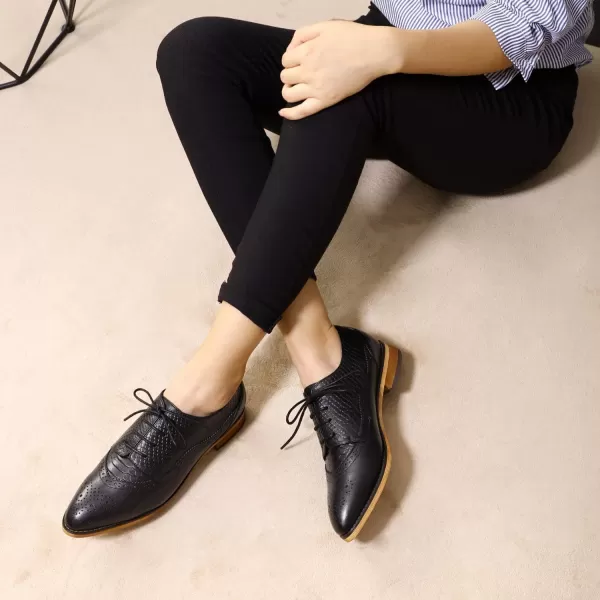 Mona flying Women's Perforated Oxfords Brogue Derby Lace-up Leather Shoes for Ladies