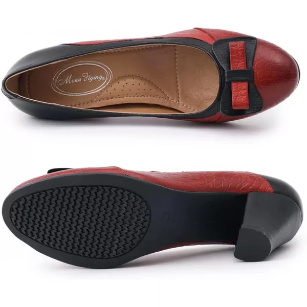 Mona flying Womens Retro Dress Pumps 7cm Chunky Heel Leather Dressy Shoes for Ladies