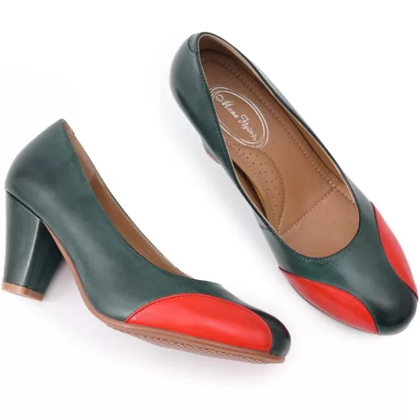 Mona flying Womens Retro Dress Pumps 7cm Chunky Heel Leather Dressy Shoes for Ladies
