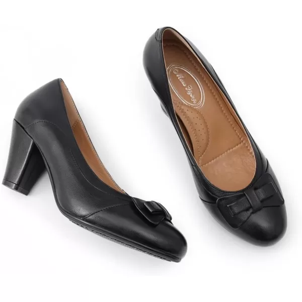 Mona flying Womens Retro Dress Pumps 7cm Chunky Heel Leather Dressy Shoes for Ladies