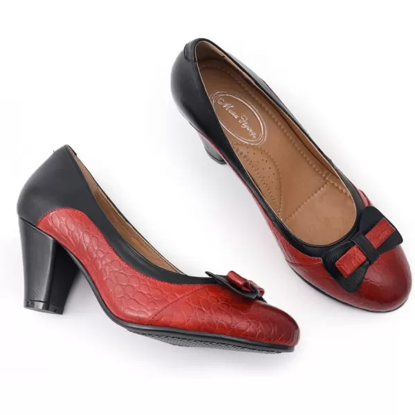 Mona flying Womens Retro Dress Pumps 7cm Chunky Heel Leather Dressy Shoes for Ladies