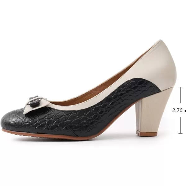 Mona flying Womens Retro Dress Pumps 7cm Chunky Heel Leather Dressy Shoes for Ladies