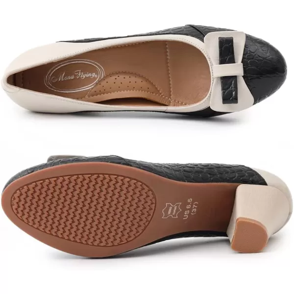 Mona flying Womens Retro Dress Pumps 7cm Chunky Heel Leather Dressy Shoes for Ladies