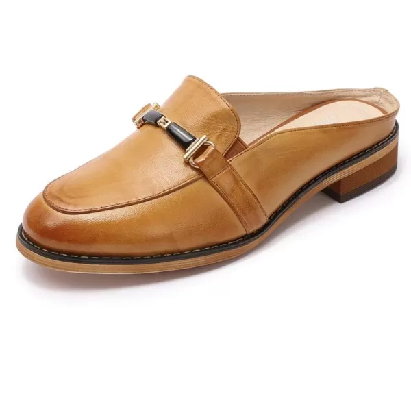 Mona flying Women Leather Mules Shoes Backless Slip On Loafer Low Heel Flats Summer Slide