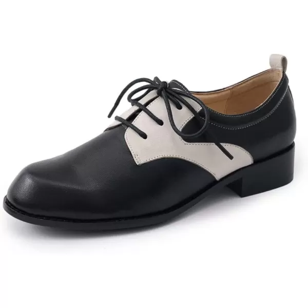 Mona flying Women's Handmade Two Tone Dress Oxfords Saddle Derby Comfy Lace up Leather Shoes for Ladies