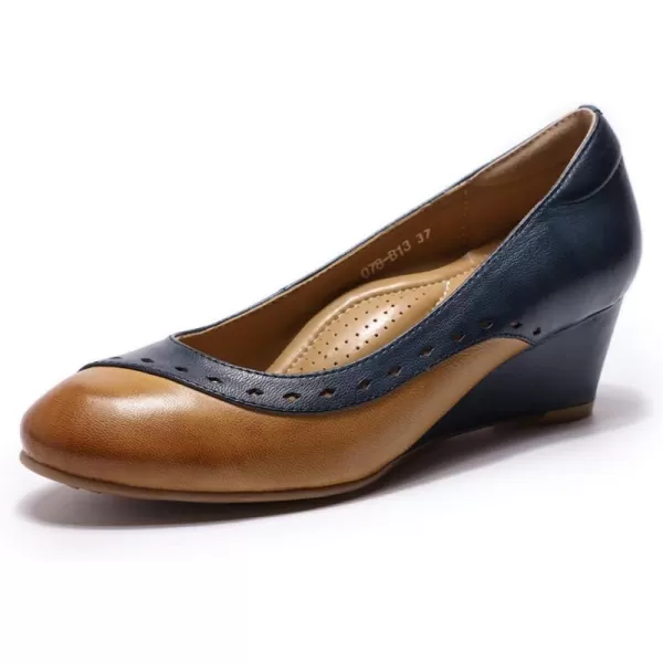 Mona flying Women's Leather Closed Toe 2 Inch Mid Wedges Heels with Arch Support Round Toe Comfortable Dress Pumps for Women Ladies