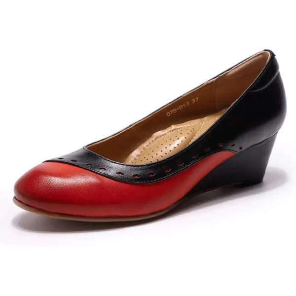 Mona flying Women's Leather Closed Toe 2 Inch Mid Wedges Heels with Arch Support Round Toe Comfortable Dress Pumps for Women Ladies