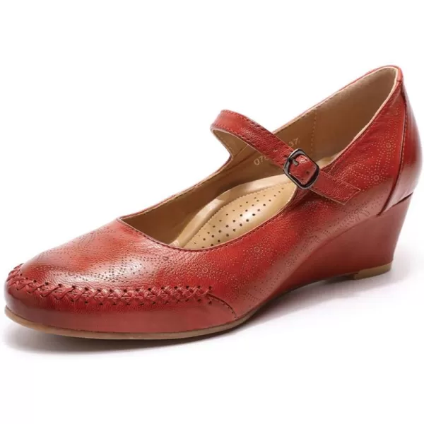Mona flying Women's Leather Closed Toe Mary Jane Wedge Pumps Round Toe Mid Heel Dress Shoes for Women Ladies