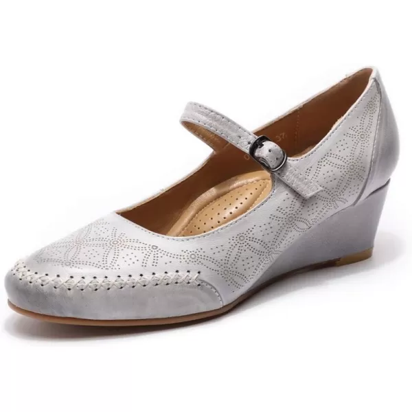 Mona flying Women's Leather Closed Toe Mary Jane Wedge Pumps Round Toe Mid Heel Dress Shoes for Women Ladies