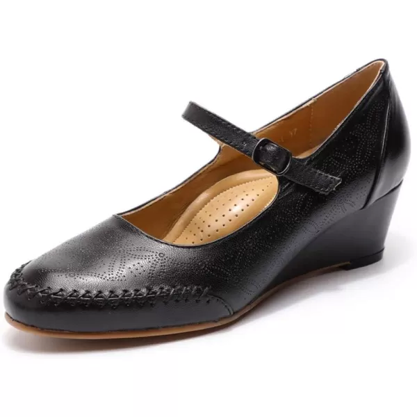 Mona flying Women's Leather Closed Toe Mary Jane Wedge Pumps Round Toe Mid Heel Dress Shoes for Women Ladies