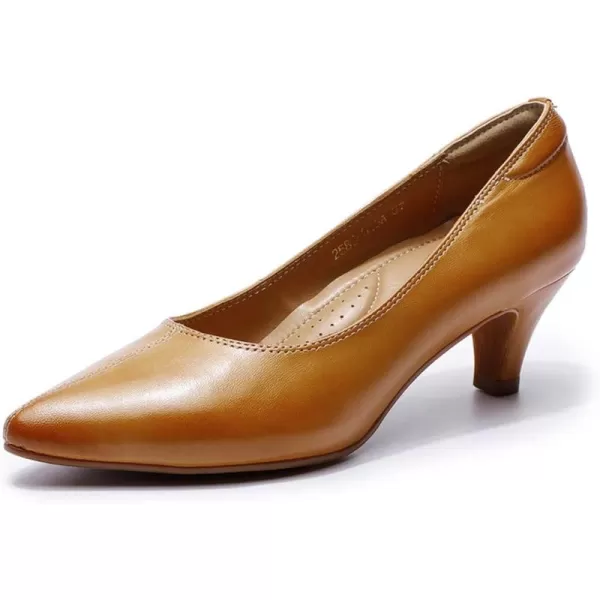 Mona flying Women's Leather Pump Med Heel Pointed Toe Office Dress Shoes for Ladies