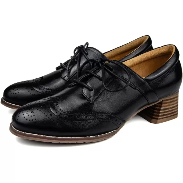 Mona flying Leather Chunky Heeled Wingtip Oxfords for Women Comfortable 4 cm Med Heel Lace-up Pumps Shoes