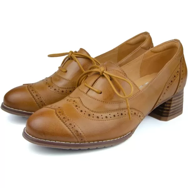 Mona flying Womens Leather 4 cm Chunky Heel Wingtip Oxfords Brogue Lace up Dress Pumps for Ladies