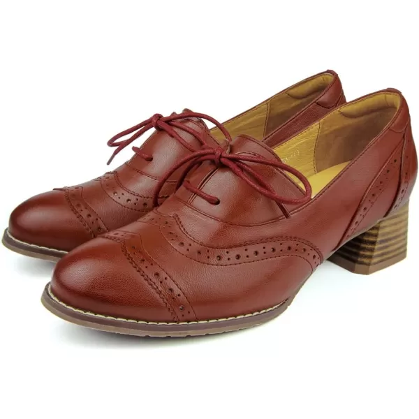 Mona flying Womens Leather 4 cm Chunky Heel Wingtip Oxfords Brogue Lace up Dress Pumps for Ladies