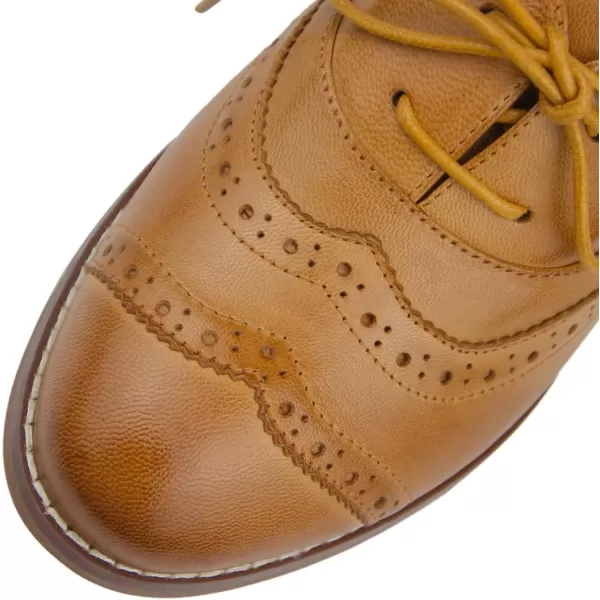 Mona flying Womens Leather 4 cm Chunky Heel Wingtip Oxfords Brogue Lace up Dress Pumps for Ladies