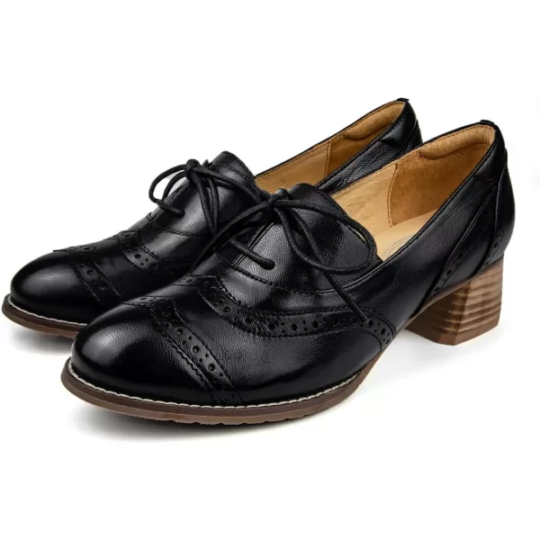 Mona flying Womens Leather 4 cm Chunky Heel Wingtip Oxfords Brogue Lace up Dress Pumps for Ladies
