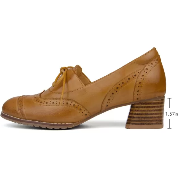 Mona flying Womens Leather 4 cm Chunky Heel Wingtip Oxfords Brogue Lace up Dress Pumps for Ladies