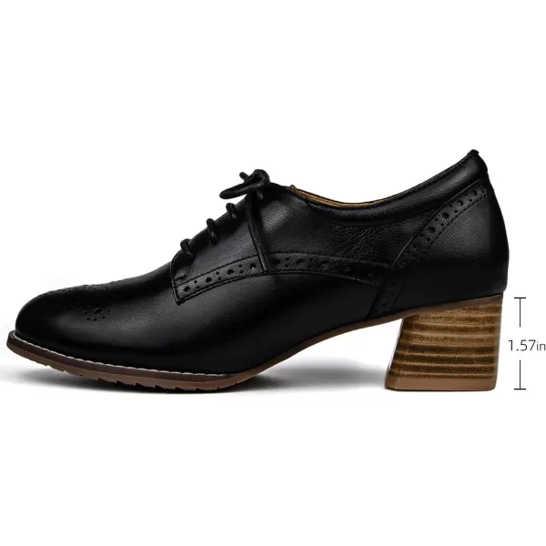 Mona flying Women's Leather Brogue Oxfords with Heels Block Mid Heel Round Toe Lace Up Pumps Dress Shoes