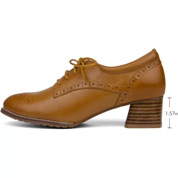 Mona flying Women's Leather Brogue Oxfords with Heels Block Mid Heel Round Toe Lace Up Pumps Dress Shoes