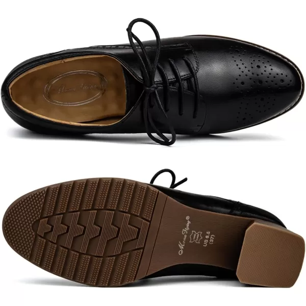 Mona flying Women's Leather Brogue Oxfords with Heels Block Mid Heel Round Toe Lace Up Pumps Dress Shoes