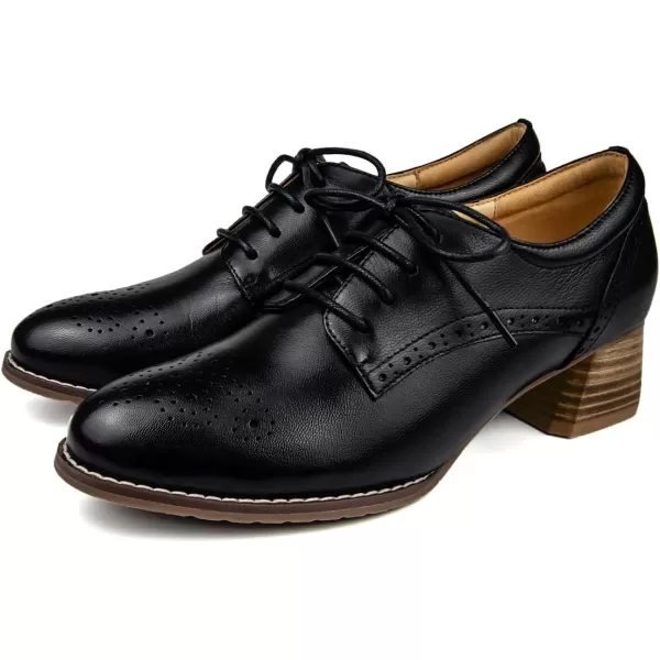 Mona flying Women's Leather Brogue Oxfords with Heels Block Mid Heel Round Toe Lace Up Pumps Dress Shoes