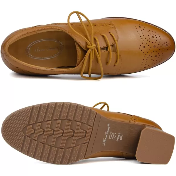 Mona flying Women's Leather Brogue Oxfords with Heels Block Mid Heel Round Toe Lace Up Pumps Dress Shoes