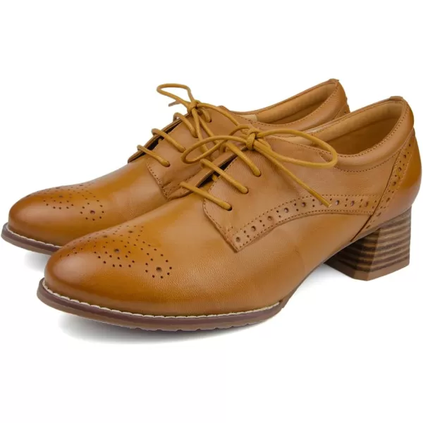 Mona flying Women's Leather Brogue Oxfords with Heels Block Mid Heel Round Toe Lace Up Pumps Dress Shoes