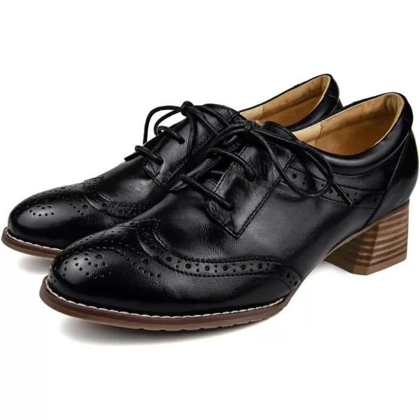 Mona flying Womens Leather Heeled Wingtip Oxfords Mid Block Heel Lace-up Dress Pumps for Ladies
