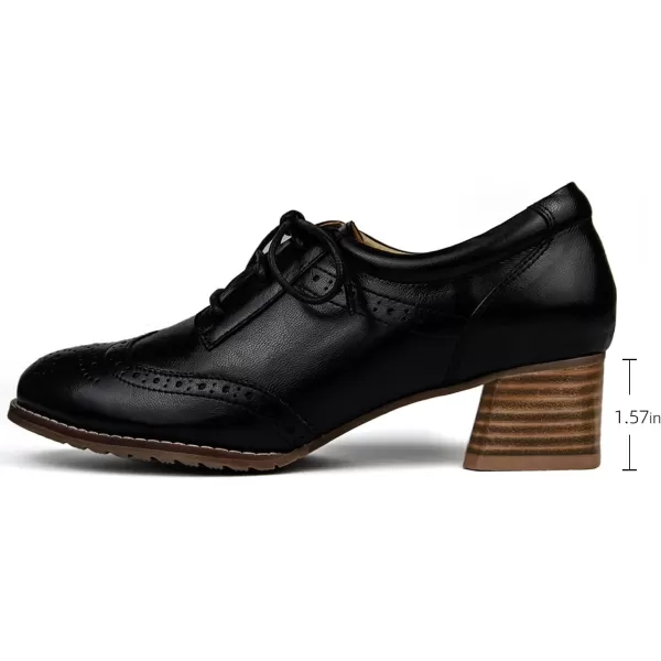 Mona flying Womens Leather Heeled Wingtip Oxfords Mid Block Heel Lace-up Dress Pumps for Ladies
