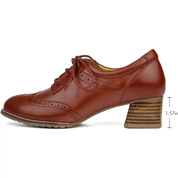 Mona flying Womens Leather Heeled Wingtip Oxfords Mid Block Heel Lace-up Dress Pumps for Ladies