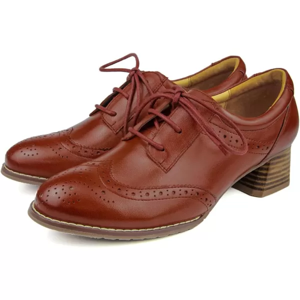 Mona flying Womens Leather Heeled Wingtip Oxfords Mid Block Heel Lace-up Dress Pumps for Ladies