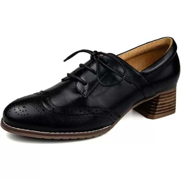 Mona flying Leather Chunky Heeled Wingtip Oxfords for Women Comfortable 4 cm Med Heel Lace-up Pumps Shoes