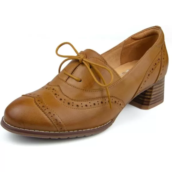 Mona flying Womens Leather 4 cm Chunky Heel Wingtip Oxfords Brogue Lace up Dress Pumps for Ladies