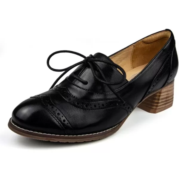 Mona flying Womens Leather 4 cm Chunky Heel Wingtip Oxfords Brogue Lace up Dress Pumps for Ladies