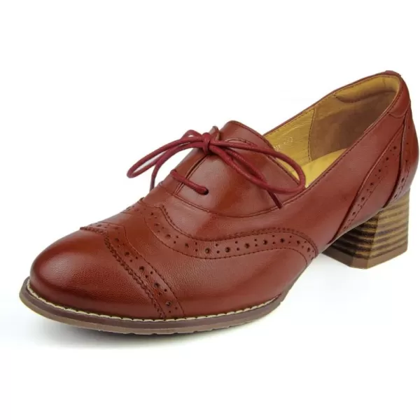Mona flying Womens Leather 4 cm Chunky Heel Wingtip Oxfords Brogue Lace up Dress Pumps for Ladies